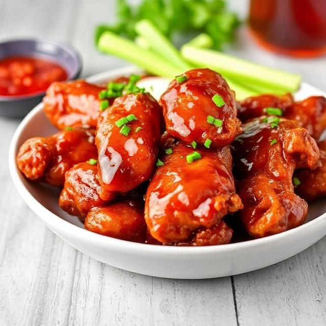 Party platter of honey chili chicken wings with lime wedges, cooling ranch dip, and pickled vegetables for contrast."