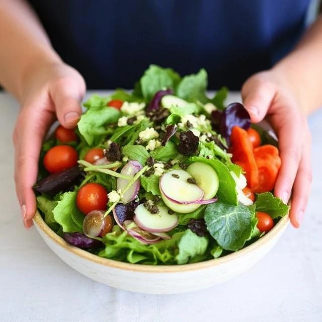 "Hands harvesting organic arugula and spinach leaves from a home vegetable garden under sunlight."
