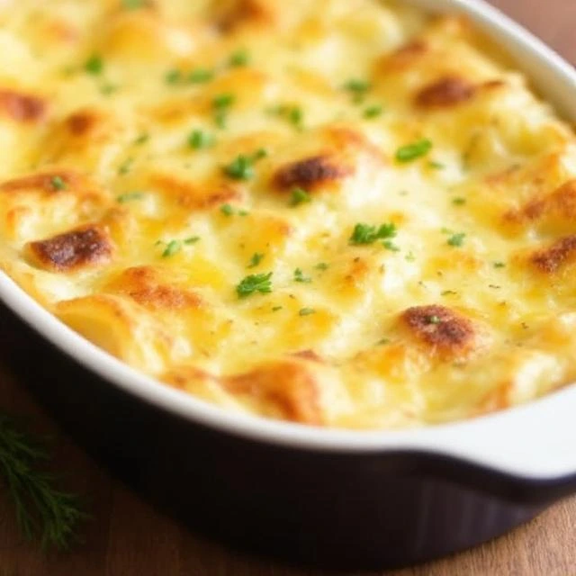 Layers of thinly sliced potatoes in creamy sauce, topped with golden-brown cheese in a roasted garlic potatoes au gratin.