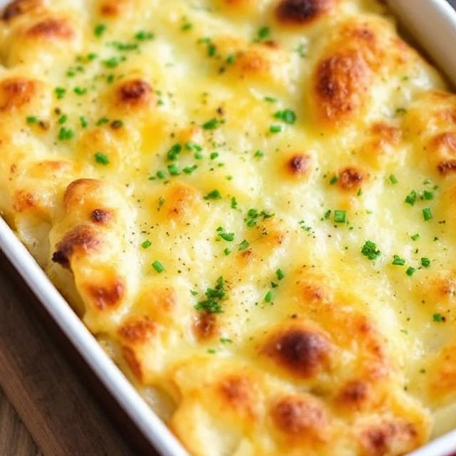 A plate of roasted garlic potatoes au gratin garnished with chopped chives and a sprig of thyme.