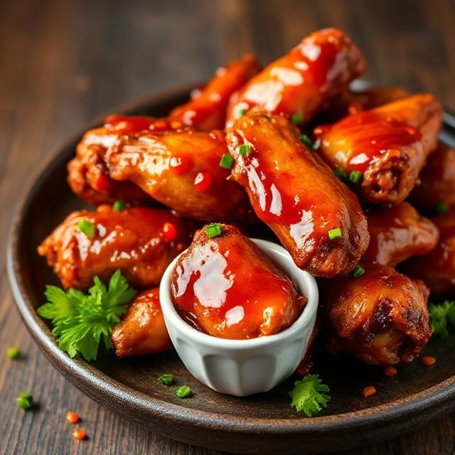 lose-up of sticky honey chili chicken wings drizzled with sauce, highlighting caramelized edges and flecks of red chili flakes."