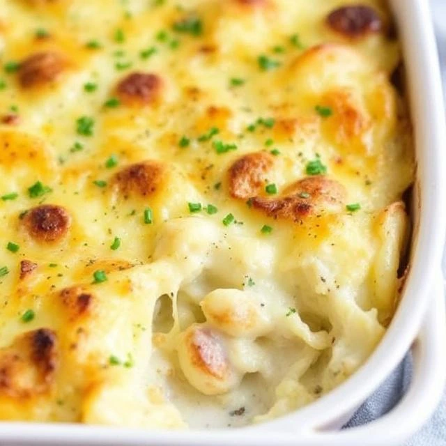 A baking dish filled with freshly made roasted garlic potatoes au gratin, ready to be served.