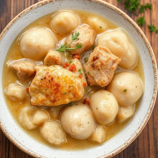 "Ingredients for chicken and dumplings: whole chicken, flour, thyme, carrots, and celery arranged on a rustic farmhouse table."