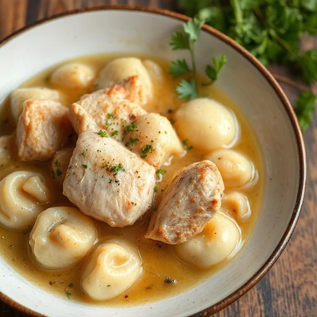 "Close-up of golden dumplings simmering in a rich, herb-infused chicken broth with celery and onions."
