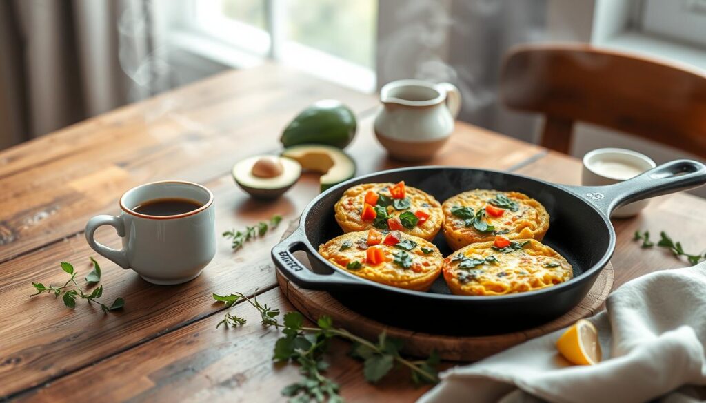 A beautifully arranged COHESIVERECIPES breakfast presentation on a rustic wooden table. In the foreground, a cast iron skillet holds golden mini frittatas, topped with vibrant vegetables - diced bell peppers, sautéed spinach, and caramelized onions. Freshly brewed coffee in a ceramic mug steams gently, complemented by a small pitcher of cream. Scattered around are sliced avocado, sprigs of fresh herbs, and a wedge of lemon. Soft, diffused natural light filters in through a nearby window, creating a cozy, inviting atmosphere. The overall composition is elegant, balanced, and Instagram-worthy.