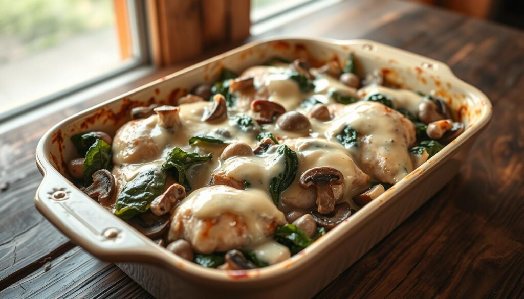 A beautifully baked casserole dish filled with tender chicken, sautéed spinach, and earthy mushrooms, resting on a rustic wooden table. The dish is drizzled with a creamy, low-carb cheese sauce, giving it a rich, flavorful appearance. Warm, soft lighting from a nearby window illuminates the dish, creating a cozy, appetizing atmosphere. Cohesiverecipes.