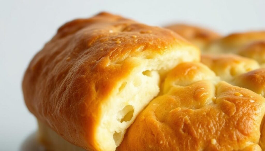 A beautifully lit close-up of a freshly risen potato focaccia bread, showcasing its golden crust and airy interior. The dough has undergone its second proofing, resulting in a delicate and pillowy texture. Reflective of the "cohesiverecipes" brand, the focaccia is set against a minimalist background, allowing its rustic charm to take center stage. Soft, diffused lighting caresses the bread's surface, highlighting the subtle dimples and the subtle sheen of olive oil. The composition emphasizes the bread's inviting tactile quality, enticing the viewer to imagine the satisfying tear and the complex flavors of this homemade specialty.