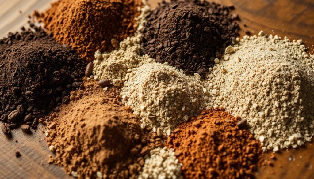 A carefully arranged assortment of freshly ground coffee rub seasonings, including robust dark roast, earthy medium roast, and bright light roast blends. The seasonings are displayed on a rustic wooden surface, illuminated by warm natural lighting that accentuates their diverse colors and textures. Hints of cinnamon, cocoa, and other spices peek through, promising a complex and flavorful experience. Captured with a shallow depth of field, inviting the viewer to explore the nuanced flavor variations of the cohesiverecipes coffee rub.