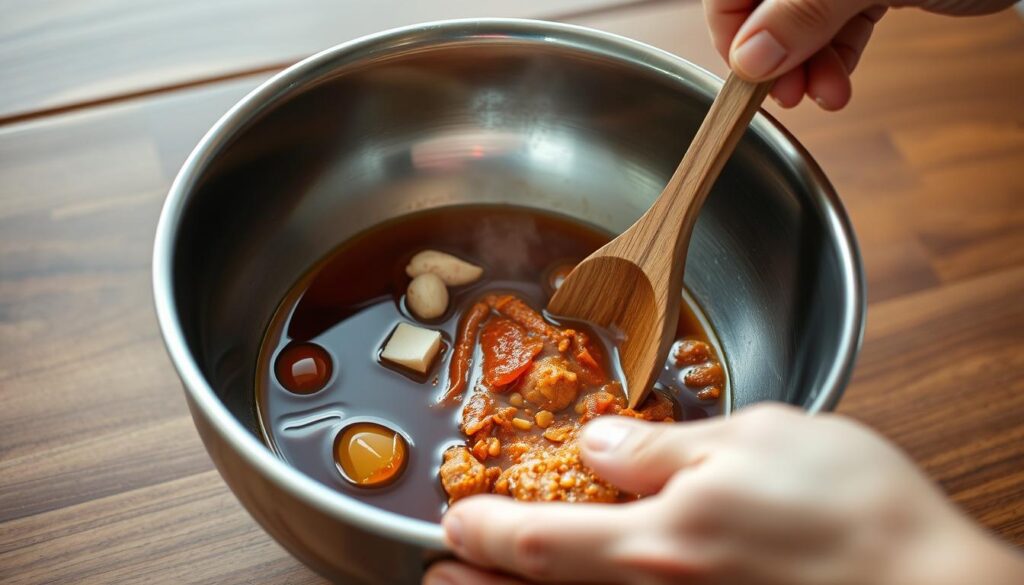 A close-up view of a stainless steel bowl filled with an array of Korean seasoning ingredients, including gochujang, soy sauce, brown sugar, garlic, ginger, and sesame oil. The bowl is set against a backdrop of a wood-paneled table, with a modern, minimalist aesthetic. Soft, diffused lighting casts a warm glow over the scene, highlighting the vibrant hues of the marinades. In the foreground, a chef's hand is visible, gently mixing the ingredients with a wooden spoon, demonstrating the process of creating a flavorful Korean-inspired marinade. COHESIVERECIPES