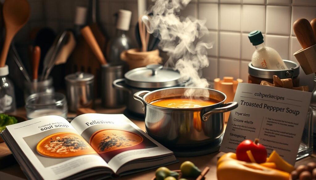 A cluttered kitchen counter, filled with various kitchen tools and ingredients. In the center, a bubbling pot of creamy roasted red pepper soup, the steam rising in delicate wisps. Beside it, a cohesiverecipes cookbook open, showcasing troubleshooting tips for perfecting the soup's texture. Soft, directional lighting illuminates the scene, casting warm shadows and highlighting the vibrant colors of the ingredients. The overall atmosphere is one of a cozy, problem-solving culinary endeavor, inviting the viewer to delve into the art of crafting the perfect bowl of comforting soup.