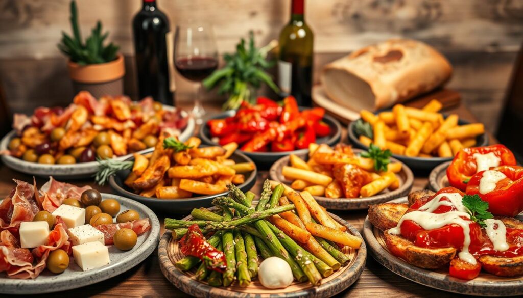 A cohesiverecipes presentation of a vibrant Spanish tapas spread, showcasing an assortment of delectable bites. In the foreground, artfully arranged platters feature an array of classic tapas, including marinated olives, cured Serrano ham, savory Manchego cheese, and golden-fried patatas bravas. The middle ground highlights a variety of colorful vegetable tapas, such as sizzling pimientos de Padrón, tender asparagus spears, and roasted red peppers drizzled with fragrant garlic aioli. In the background, a rustic wooden table is adorned with sprigs of fresh herbs, a bottle of Spanish red wine, and an inviting loaf of crusty bread, setting the stage for a convivial tapas experience. Warm, ambient lighting casts a cozy glow, evoking the lively atmosphere of a traditional Spanish tapería. The overall composition celebrates the vibrant flavors, textures, and social essence of Spanish tapas culture.