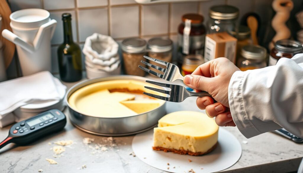 A countertop littered with various baking implements and a partially baked cheesecake, illuminated by soft, warm lighting. In the foreground, a chef's hand holds a fork, thoughtfully examining the texture of the filling. Surrounding the dessert are troubleshooting tools like a digital thermometer, a cracked springform pan, and jars of different toppings - all captured in a cohesiverecipes-style photographic study of the common issues faced when making the perfect cheesecake.