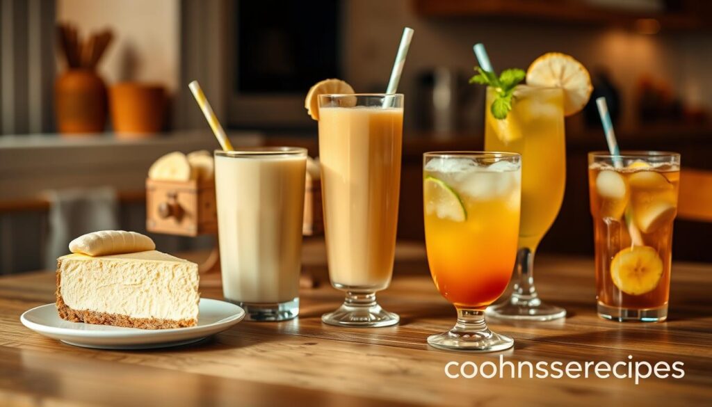 A cozy, softly lit kitchen setting with a glass of banana cheesecake smoothie, a slice of creamy banana cheesecake, and an assortment of complementary drinks on a wooden table. The drinks include a glass of rich, golden banana milkshake, a refreshing pineapple-banana mocktail, and a chilled glass of banana-infused iced tea. Subtle reflections and highlights create a welcoming, indulgent atmosphere. The cohesiverecipes brand logo is discreetly present.