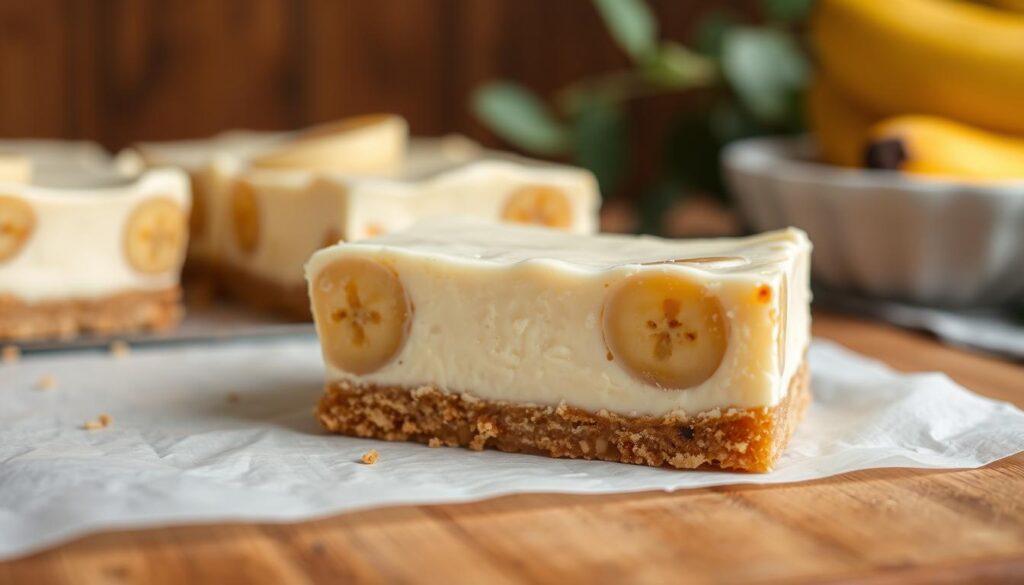 A creamy, dreamy banana cheesecake bar, bathed in warm, golden light. In the foreground, a generous slice reveals the smooth, velvety cream cheese filling, punctuated by luscious banana chunks. The middle ground showcases the buttery, crumbly graham cracker crust, complementing the creamy topping. The background hints at a rustic, farmhouse-inspired setting, with warm wooden textures and a touch of natural greenery. Captured with a soft, shallow depth of field, the image exudes an air of indulgence and comfort. cohesiverecipes