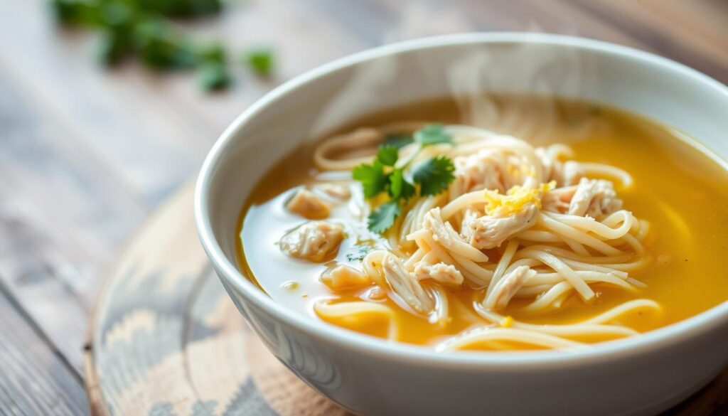 A crisp white ceramic bowl filled with steaming golden chicken broth, tender shredded chicken, and delicate gluten-free rice noodles. Fresh chopped parsley and a hint of lemon zest garnish the tranquil scene, emanating a comforting aroma. Soft, diffused natural lighting illuminates the cohesiverecipes dish, which rests atop a rustic wooden surface, conveying a sense of homemade nourishment. The overall mood is warm, soothing, and inviting, perfectly capturing the essence of a satisfying gluten-free chicken noodle soup.