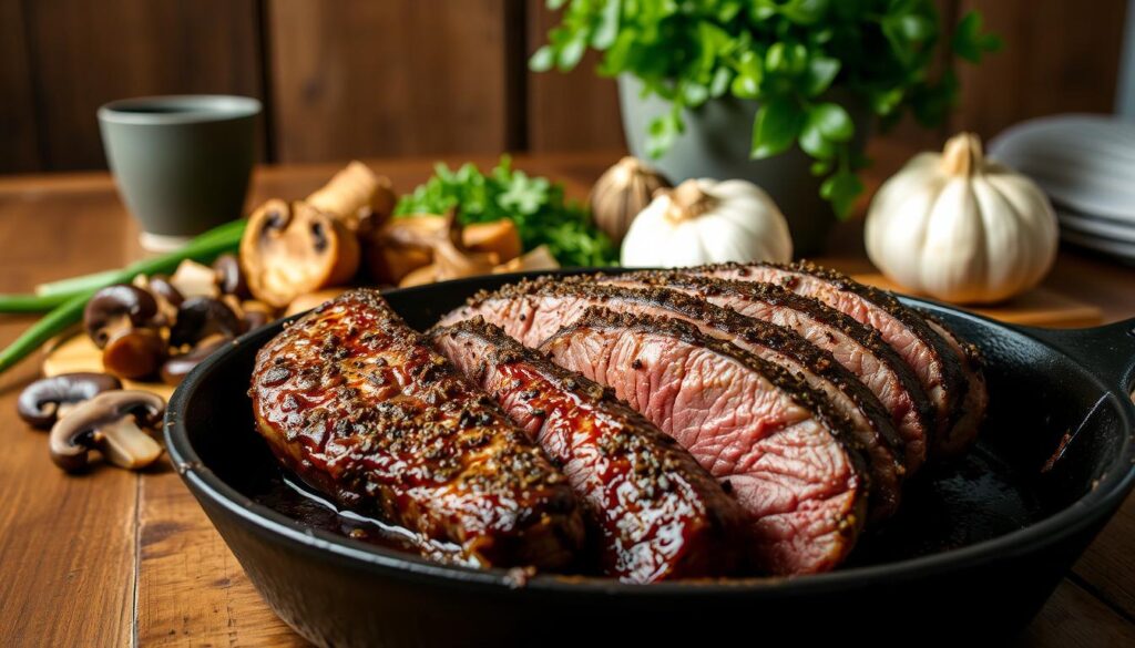 A delectable leftover steak transformation captured in a cohesive, appetizing image. In the foreground, tender slices of cohesiverecipes' entrecote steak adorned with a glistening coffee rub glaze, sizzling on a cast-iron skillet. The middle ground showcases a variety of vibrant ingredients, such as sautéed mushrooms, caramelized onions, and robust garlic. In the background, a rustic wooden table sets the stage, with a lush green potted plant adding a touch of freshness. Soft, warm lighting casts a cozy atmosphere, inviting the viewer to savor this unique and flavorful steak dish.