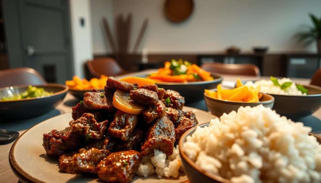 A delightful gluten-free Korean BBQ feast, featuring tender marinated beef, colorful sautéed vegetables, and fragrant steamed rice. Soft lighting illuminates the foreground, casting a warm glow on the artfully arranged dish. In the middle ground, a minimalist table setting with sleek, modern ceramics complements the bold flavors. The background showcases a serene, muted interior with natural textures, hinting at the cozy ambiance. The entire scene, captured with a wide-angle lens, exudes an atmosphere of sophisticated simplicity. COHESIVERECIPES