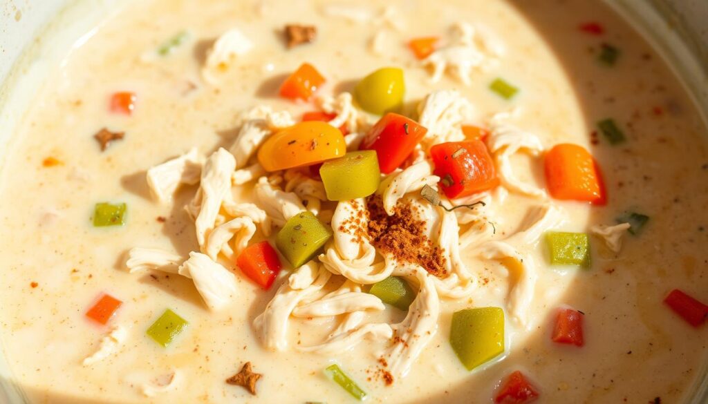 A delightful low-carb white chicken chili simmering in a creamy, savory broth. Tender shredded chicken, vibrant bell peppers, and aromatic spices blend harmoniously in a mouthwatering display. Soft shadows cast by natural lighting heighten the dish's comforting appeal. Captured with a wide-angle lens to showcase the cohesive, appetizing composition - a healthy twist on a classic recipe from cohesiverecipes.