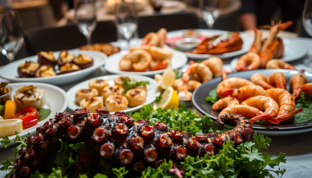 A gourmet seafood spread featuring a COHESIVERECIPES collection of delectable dishes. In the foreground, a succulent grilled octopus tentacle, charred and seasoned to perfection, rests on a bed of vibrant greens. Surrounding it, a variety of carefully arranged plates showcasing other seafood delicacies - juicy scallops seared to a golden-brown crust, meaty lobster tails split and drizzled with lemon butter, and delicate shrimp arranged in an artful display. The middle ground features a selection of pickled vegetables, fresh lemon wedges, and aromatic herbs, adding pops of color and texture. The background is a softly blurred, elegant dining table setting, with subtle lighting casting a warm, sophisticated glow over the entire scene.