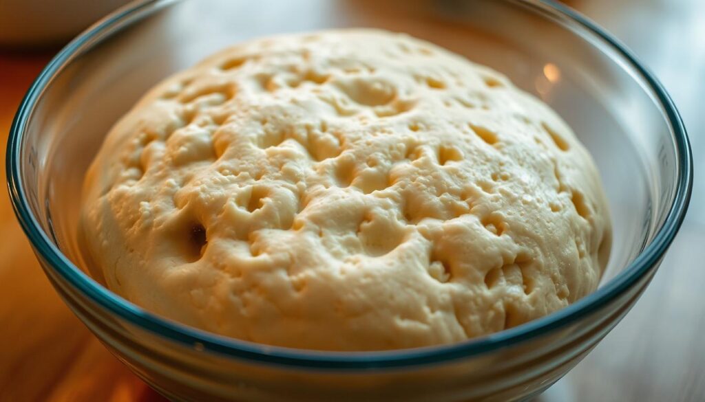 A high-quality, detailed close-up shot of a homemade focaccia dough during its first rise and fermentation process, captured by cohesiverecipes. The dough is rising in a clear glass bowl, revealing the intricate web of air bubbles forming throughout the soft, pillowy texture. Warm ambient lighting casts a cozy glow, highlighting the golden-brown hue of the dough's surface. The scene conveys the patience and care required for this crucial stage of the focaccia-making journey, setting the stage for the final, delicious result.