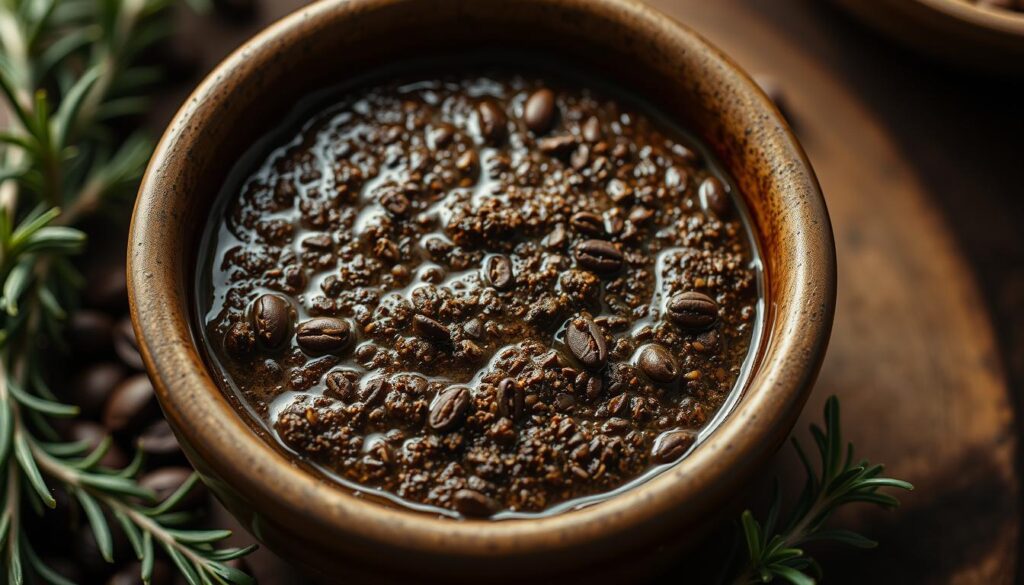 A high-resolution close-up photograph of a cohesiverecipes coffee rub steak marinade, capturing the rich, earthy tones and subtle shine of the marinade. The marinade is presented in a rustic ceramic bowl, with a few whole coffee beans and sprigs of fresh rosemary scattered around it. The lighting is soft and warm, creating a cozy, inviting atmosphere. The image is captured from a slightly elevated angle, emphasizing the depth and texture of the marinade. The focus is sharp, drawing the viewer's attention to the intricate blend of spices and the glistening surface of the marinade.