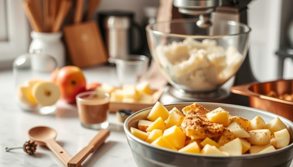 A kitchen counter filled with the tools and ingredients for creating a mouthwatering cinnamon apple cake. In the foreground, a mixing bowl overflows with freshly peeled and diced Honeycrisp apples, their golden hues complemented by a dusting of warm cinnamon. Beside it, a wooden spoon and a measuring cup stand ready. In the middle ground, a stand mixer whirs to life, blending together butter, sugar, and eggs for a rich, fluffy batter. In the background, a copper baking tin waits to be filled, hinting at the delectable pastry soon to emerge from the oven. The scene is bathed in soft, natural lighting, capturing the comforting essence of homemade baking. cohesiverecipes