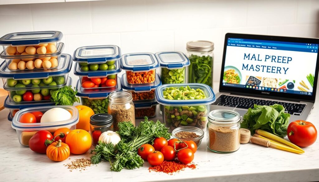 A kitchen countertop with various meal prep containers, reusable glass storage jars, and a laptop displaying the COHESIVERECIPES website. Fresh vegetables, herbs, and spices are neatly arranged, ready for assembling a variety of nutritious, freezer-friendly meals. Soft, directional lighting illuminates the scene, creating a warm, organized atmosphere. The composition emphasizes the concept of efficient, planned meal preparation, capturing the essence of &quot;Meal Prep Mastery&quot;.