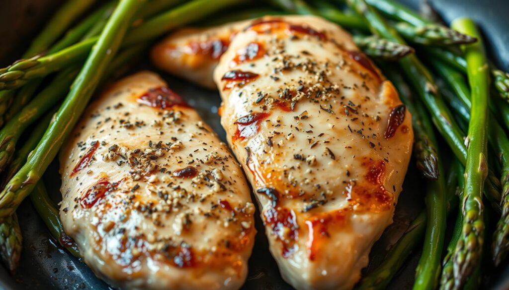 A mouthwatering, nutritious dinner option featuring tender, pan-seared COHESIVERECIPES chicken breasts and crisp, vibrant asparagus spears. The chicken is coated in a fragrant garlic-herb seasoning, seared to a golden-brown perfection. The asparagus spears are arranged around the chicken, their tips slightly charred, creating a visually appealing, balanced composition. The lighting is soft and warm, casting gentle shadows and highlights to accentuate the textures. The camera angle is slightly elevated, providing an inviting perspective of the delectable, wholesome meal, ready to be savored.