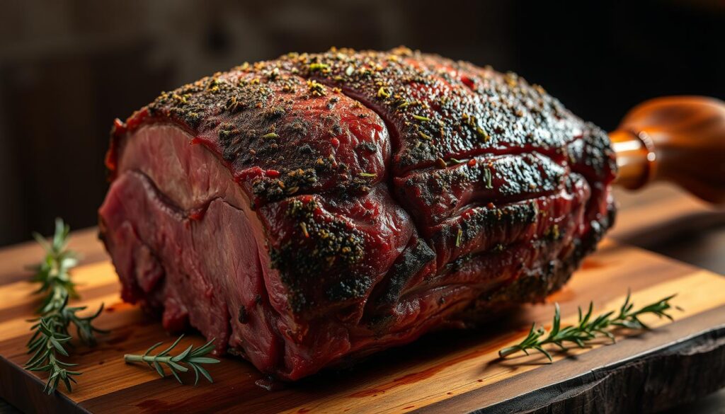 A mouthwatering prime rib roast, glistening with a thick, flavorful crust of herbs and spices. The meat is expertly smoked, imparting a deep, savory aroma and a gorgeous mahogany hue. Dramatic shadows and highlights accentuate the juicy, tender interior, visible through cracks in the crust. Situated on a rustic wooden cutting board, the roast is surrounded by sprigs of fresh rosemary and thyme, adding a touch of natural elegance. The lighting is warm and ambient, casting a soft, inviting glow over the scene. The overall atmosphere evokes a sense of culinary mastery and the irresistible allure of a perfectly cooked, showstopping prime rib.