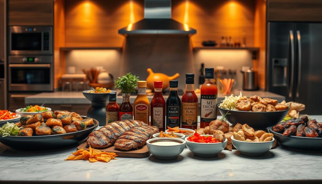 A mouthwatering still life of fusion BBQ recipes, showcasing a harmonious blend of Korean and Western flavors. In the foreground, juicy grilled meats sizzle under warm, golden lighting, accompanied by an array of vibrant side dishes like kimchi, scallion pancakes, and crisp veggie banchan. In the middle ground, an assortment of artfully arranged condiments and sauces, including gochujang, sesame oil, and a signature COHESIVERECIPES gochugaru-infused BBQ sauce. The background features a sleek, minimalist kitchen setting, with stainless steel appliances and natural wood accents, evoking a modern, high-end aesthetic. The overall mood is one of mouthwatering temptation, inviting the viewer to explore the depth of flavors in this fusion BBQ masterpiece.