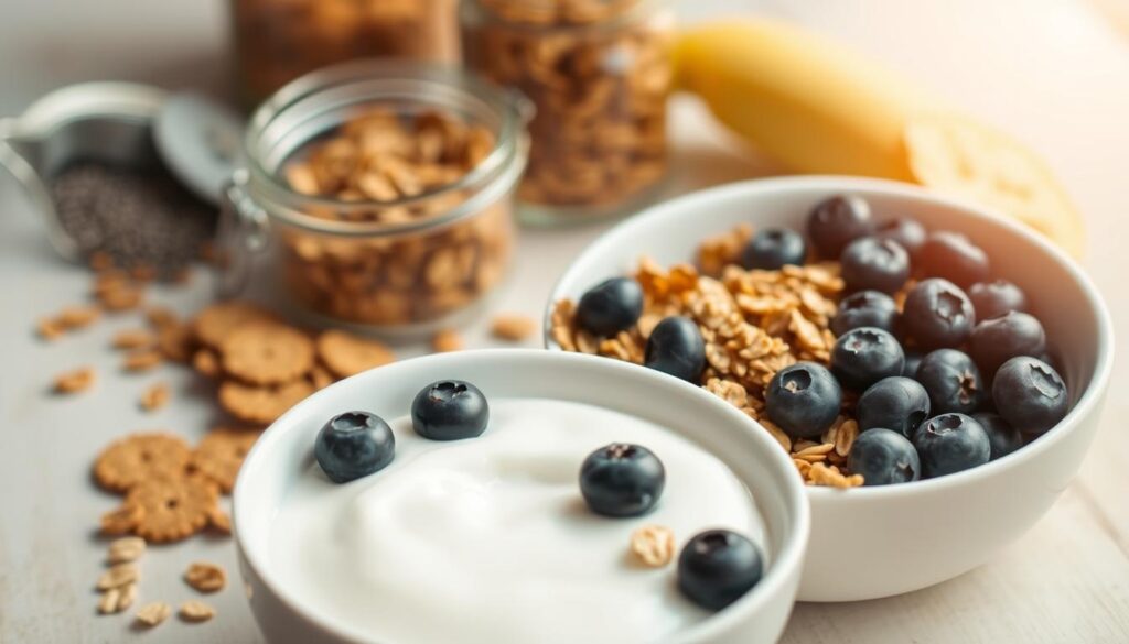 A neatly arranged spread of budget-friendly breakfast ingredients, shot in warm, natural lighting with a soft, diffused focus. In the foreground, a bowl of plain yogurt, a handful of fresh blueberries, and a sprinkling of rolled oats. In the middle ground, a small pile of honey-roasted granola and a sliced banana. In the background, a glass jar filled with chia seeds and a few whole-grain crackers. The overall composition evokes a sense of simplicity, wholeness, and accessibility. Cohesiverecipes.