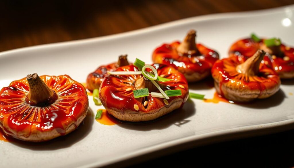 A perfectly plated gourmet dish, featuring grilled eryngii mushrooms glazed with a vibrant gochujang sauce. The mushrooms are arranged in an elegant, symmetrical pattern, their charred edges contrasting with the rich, glossy glaze. Carefully placed garnishes, such as thinly sliced scallions and toasted sesame seeds, add pops of color and texture. The dish is presented on a sleek, minimalist ceramic plate, illuminated by soft, directional lighting that casts dramatic shadows and highlights the dish's intricate details. The overall composition conveys a sense of balance, harmony, and culinary artistry. COHESIVERECIPES
