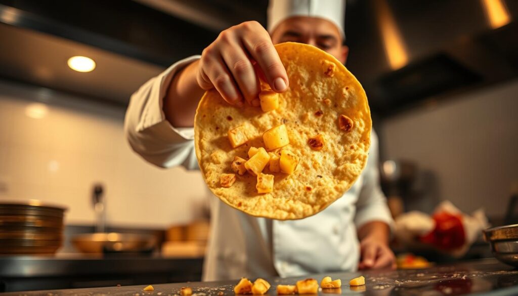 A professional chef demonstrating the signature tortilla flip technique in a well-lit kitchen. The tortilla, golden brown and full of potato chunks, hovers mid-air as the chef deftly maneuvers it with a firm yet graceful flick of their wrist. The camera captures the dramatic moment from a low angle, creating a sense of motion and anticipation. Warm, ambient lighting softly illuminates the scene, emphasizing the textures of the ingredients. The background is slightly blurred, keeping the focus on the chef's skilled movements. Cohesiverecipes.