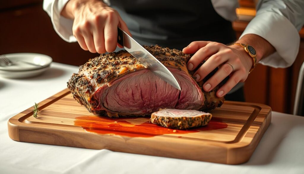A professional chef skillfully carving a golden-brown, herb-crusted prime rib roast on a wooden cutting board. The roast is displayed on a crisp white tablecloth, with a sharp carving knife and fork at the ready. Warm, soft lighting casts a gentle glow, highlighting the roast's perfectly cooked interior and the chef's precise, confident movements. The scene is captured from a low, three-quarter angle, emphasizing the visual drama of the carving process. The background is slightly blurred, keeping the focus on the roast and the chef's hands as they deftly slice through the tender meat.