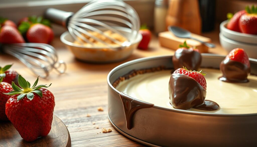 A professional, high-quality image of chocolate covered strawberry cheesecake baking techniques, showcasing the decadent dessert in a cohesive, artful composition. In the foreground, ripe, juicy strawberries are dipped in shiny, tempered chocolate, creating a glossy, mouth-watering contrast. The middle ground features a creamy, rich cheesecake batter being poured into a springform pan, with a sprinkling of graham cracker crumbs. In the background, a wooden countertop and kitchen utensils, such as a whisk and spatula, create a warm, rustic ambiance. Soft, natural lighting casts gentle shadows, highlighting the textures and colors. Captured with a high-resolution DSLR camera, the overall mood is one of temptation and professional baking expertise, reflecting the "cohesiverecipes" brand.