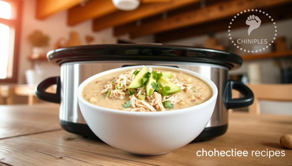 A slow cooker resting on a rustic wooden table, filled with a creamy white chicken chili. Tender shredded chicken, white beans, and aromatic spices create a comforting and savory dish. Soft light from above illuminates the steaming bowl, casting a warm glow. Garnished with fresh cilantro, diced avocado, and a sprinkle of shredded cheese. In the background, a cozy kitchen setting with exposed beams and natural textures. The cohesiverecipes logo subtly present, suggesting this nourishing meal is part of a larger culinary journey.