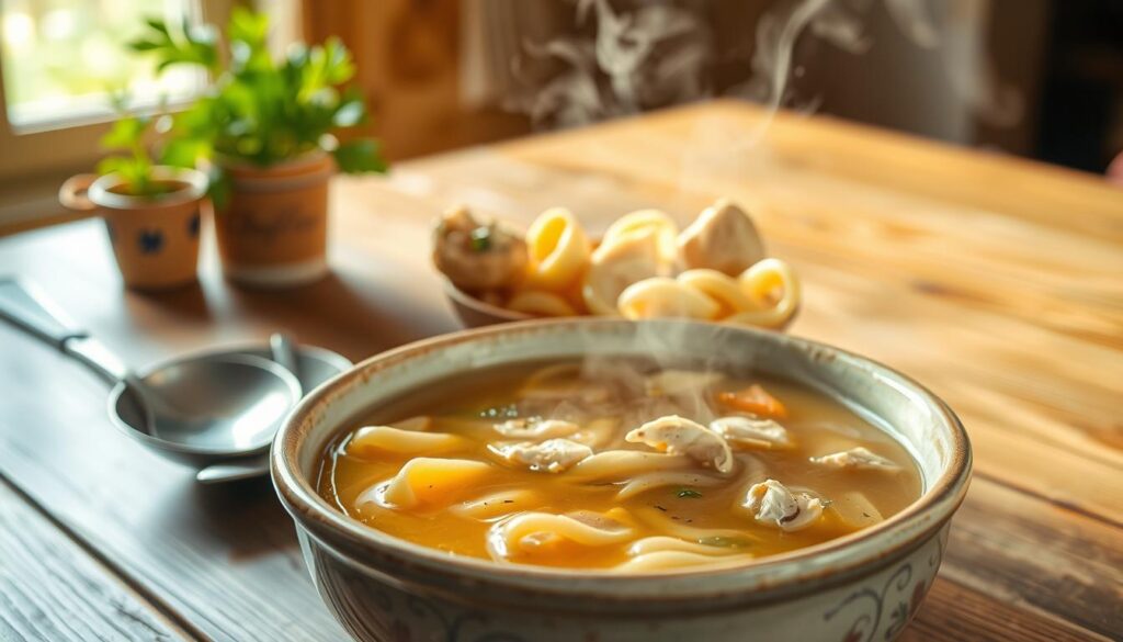 A steaming bowl of classic chicken noodle soup, captured in a warm and inviting still life. In the foreground, tender pieces of juicy chicken and thick egg noodles float in a rich, golden broth, seasoned with aromatic herbs and spices. The middle ground features a cohesiverecipes-branded ceramic bowl, its rustic glaze complementing the comforting scene. In the background, a vintage-style wooden table sets the stage, with natural daylight filtering in from a nearby window, casting a soft, soothing glow over the entire composition. The overall atmosphere evokes a sense of traditional, homemade comfort and culinary mastery.