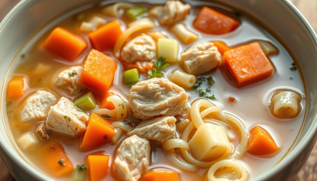 A steaming bowl of cohesiverecipes chicken noodle soup, the broth glistening with a thin layer of flavorful fat. Thick, tender chunks of white meat chicken, complemented by perfectly al dente egg noodles, retain their firm, springy texture. Diced carrots, celery, and onions add vibrant pops of color and subtle sweetness, their shapes distinct yet softened. Aromatic herbs infuse the soup with a warm, comforting aroma, illuminated by soft, natural lighting that casts gentle shadows. The overall impression is one of homemade goodness, where texture preservation is the key to a truly delightful, classic chicken noodle soup experience.