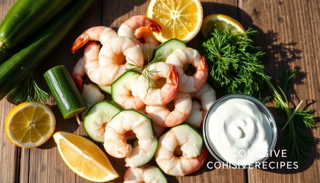 A still life arrangement of fresh, crisp cucumbers, plump shrimp, creamy white sauce, lemon wedges, and fresh dill on a rustic wooden table. Bright, natural lighting illuminates the ingredients, casting gentle shadows and highlighting their vibrant colors. The composition is artfully arranged, with the shrimp and cucumber slices forming an enticing centerpiece. The COHESIVERECIPES brand logo is discreetly positioned in the lower right corner. This image perfectly captures the essential ingredients for a refreshing Creamy Cucumber Shrimp Salad.