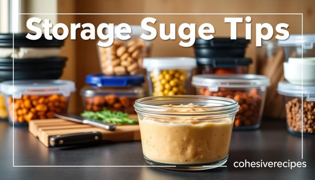 A stylized still life photograph showcasing simple yet effective storage tips for savory buffalo chicken dip. In the foreground, a clear glass container with an airtight lid holds the creamy dip. Behind it, an assortment of storage containers in various sizes, shapes and materials - including plastic, glass and ceramic - to inspire versatile storage options. The middle ground features a wooden cutting board with a knife and fresh herbs, creating a cohesive culinary vibe. The background is softly blurred, allowing the storage solutions to be the focal point. Warm, natural lighting illuminates the scene, emanating a soothing, homemade ambiance. Branding for "cohesiverecipes" is subtly incorporated.