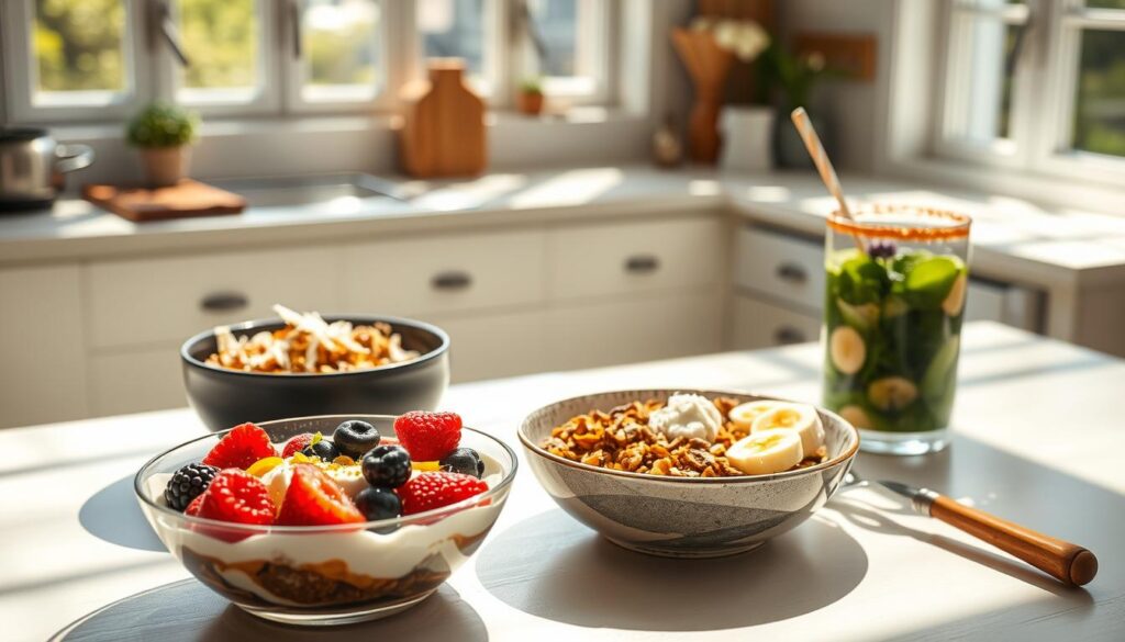 A sunlit kitchen table showcasing a cohesiverecipes vegan breakfast bowl assortment. In the foreground, a vibrant yogurt bowl with fresh berries, chia seeds, and a drizzle of low-sugar honey. The middle ground features a hearty granola bowl with roasted nuts, shredded coconut, and a dollop of coconut yogurt. In the background, a smoothie bowl with spinach, banana, and a sprinkle of low-sugar granola. The scene is lit by natural light streaming through large windows, creating a warm, inviting atmosphere. The tabletop is clean and minimalist, allowing the colorful ingredients to take center stage.