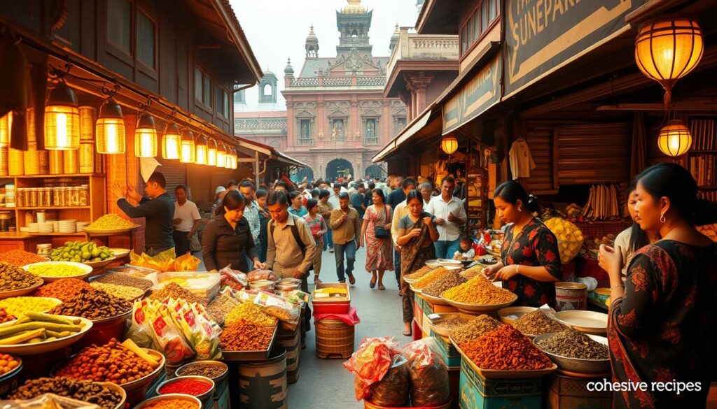 A traditional Burmese market scene, showcasing the rich history and diverse flavors of Burmese cuisine. In the foreground, vibrant displays of fresh produce, fragrant spices, and colorful tea leaves. Vendors in traditional dress offer samples, inviting visitors to explore the bounty. In the middle ground, a bustling crowd of locals and tourists weaves through the stalls, capturing the energy and cultural exchange. The background is framed by ornate, colonial-era architecture, hinting at Burma's diverse culinary influences. Warm, diffused lighting casts a golden glow, creating an atmospheric and inviting scene. Branded "cohesiverecipes".