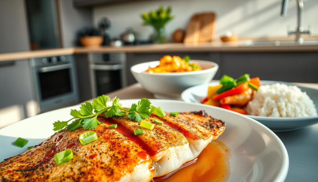 A vibrant overhead shot of a variety of Asian-inspired swai fish dishes, set against a backdrop of a modern, minimalist kitchen. In the foreground, a seared swai fillet is garnished with fresh cilantro, sliced green onions, and a drizzle of teriyaki sauce. In the middle ground, a steaming bowl of swai fish coconut curry with tender vegetables. In the background, a plate showcasing a crispy swai fish stir-fry with colorful bell peppers and a side of fragrant jasmine rice. The scene is bathed in warm, natural lighting, creating a cohesive, appetizing atmosphere. Captured by cohesiverecipes.