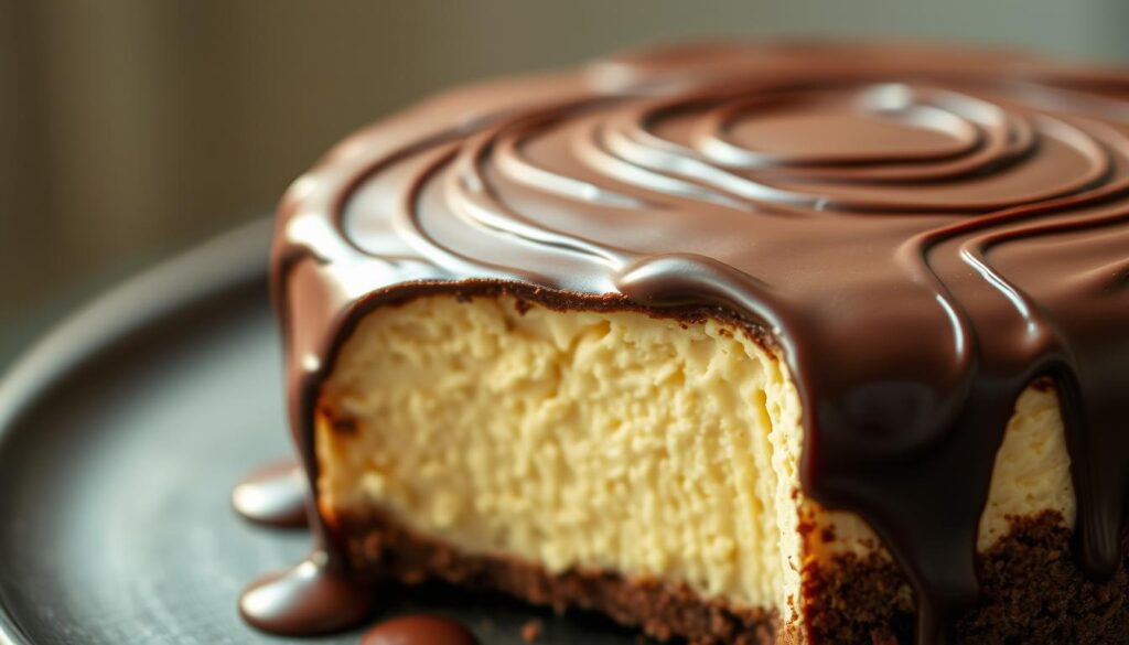 Chocolate covered cheesecake, a decadent masterpiece captured in vivid detail. A rich, creamy base with a silky smooth texture, enveloped in a glossy, dark chocolate shell. Delicate swirls of chocolate cascade down the sides, creating an irresistible contrast. Softly lit from above, casting a warm glow, highlighting the intricate textures and sheen. Photographed with a shallow depth of field, drawing the viewer's eye to the center of this cohesiverecipes culinary delight. A tempting, indulgent treat, perfect for the "Chocolate Dipping Mastery" section.