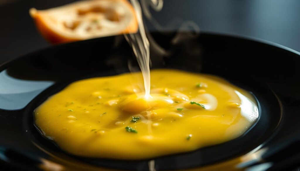 Cohesive, golden-hued garlic butter sauce, gleaming with a shimmering, translucent sheen, pooled on a glossy black plate. Flecks of minced garlic and a hint of parsley delicately suspended in the rich, creamy emulsion. Soft, aromatic steam curls upwards, beckoning the viewer to experience its tantalizing flavor. The scene is illuminated by soft, directional lighting, casting dramatic shadows and highlights that accentuate the sauce's luscious, velvety texture. COHESIVERECIPES