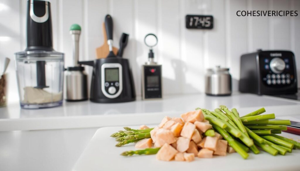 Cohesive kitchen hacks for easy weeknight dinner - a well-lit, minimalist kitchen counter setup with various time-saving kitchen tools and appliances on display, including an electric chopper, garlic press, and digital kitchen timer. A cutting board with a pile of fresh asparagus spears and diced chicken breasts in the foreground, with a bright, airy atmosphere and a COHESIVERECIPES logo subtly visible in the background.