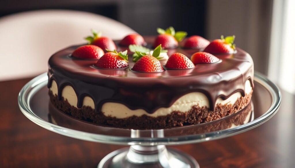 Cohesiverecipes - A close-up shot of a delectable chocolate covered strawberry cheesecake, resting on a sleek glass display stand. The cake is meticulously crafted, with a smooth chocolate ganache glaze enveloping plump, juicy strawberries nestled atop a creamy, velvety cheesecake base. Soft, warm lighting illuminates the dessert, creating a sumptuous, inviting atmosphere. The stand is positioned on a dark, polished wooden surface, allowing the cake to take center stage. The overall composition highlights the dessert's luxurious texture and rich, indulgent flavors, perfectly capturing the essence of a decadent "Chocolate Covered Strawberry Cheesecake Delight".