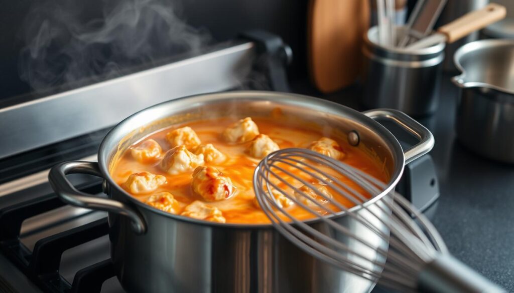 Cohesiverecipes - A large, stainless steel pot simmers on a gas stove, steam rising gently. Inside, chunks of juicy chicken and creamy, melted cheese blend together, the deep orange-red hue of hot sauce swirling through the mixture. In the foreground, a whisk stirs the dip, revealing the luscious, smooth texture. The background showcases an assortment of cooking tools - a sharp chef's knife, a wooden spoon, and a measuring cup - all poised and ready to assist in the dip's preparation. Soft, indirect lighting casts a warm, inviting glow, capturing the comforting allure of this crowd-pleasing dish.