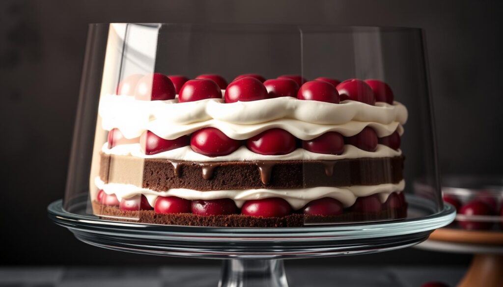 Cohesiverecipes traditional black forest cake layer assembly: A luscious chocolate sponge cake base, layered with whipped cream and fresh cherries, visible through a semi-transparent glass cake stand. The cake is lit from above with warm, soft lighting, casting gentle shadows and highlighting the rich, dark chocolate ganache frosting between each layer. The layers are stacked with precision, creating an elegant, tiered presentation. The background is a muted, moody color palette, keeping the focus on the cake's intricate construction. The image captures the decadence and craftsmanship of this classic German dessert.
