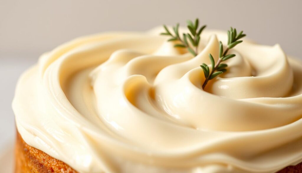 Creamy and lush cream cheese frosting recipe, delicately piped onto a cohesiverecipes homemade apple cake. Silky smooth texture, gently swirled to create elegant peaks and valleys. Soft, airy frosting in a natural ivory hue, illuminated by warm, diffused studio lighting. Close-up view, emphasizing the rich, indulgent nature of this decadent topping. Decorative sprig of fresh thyme adds a touch of rustic charm. Inviting and mouthwatering, this frosting masterclass sets the stage for an irresistible homemade dessert.